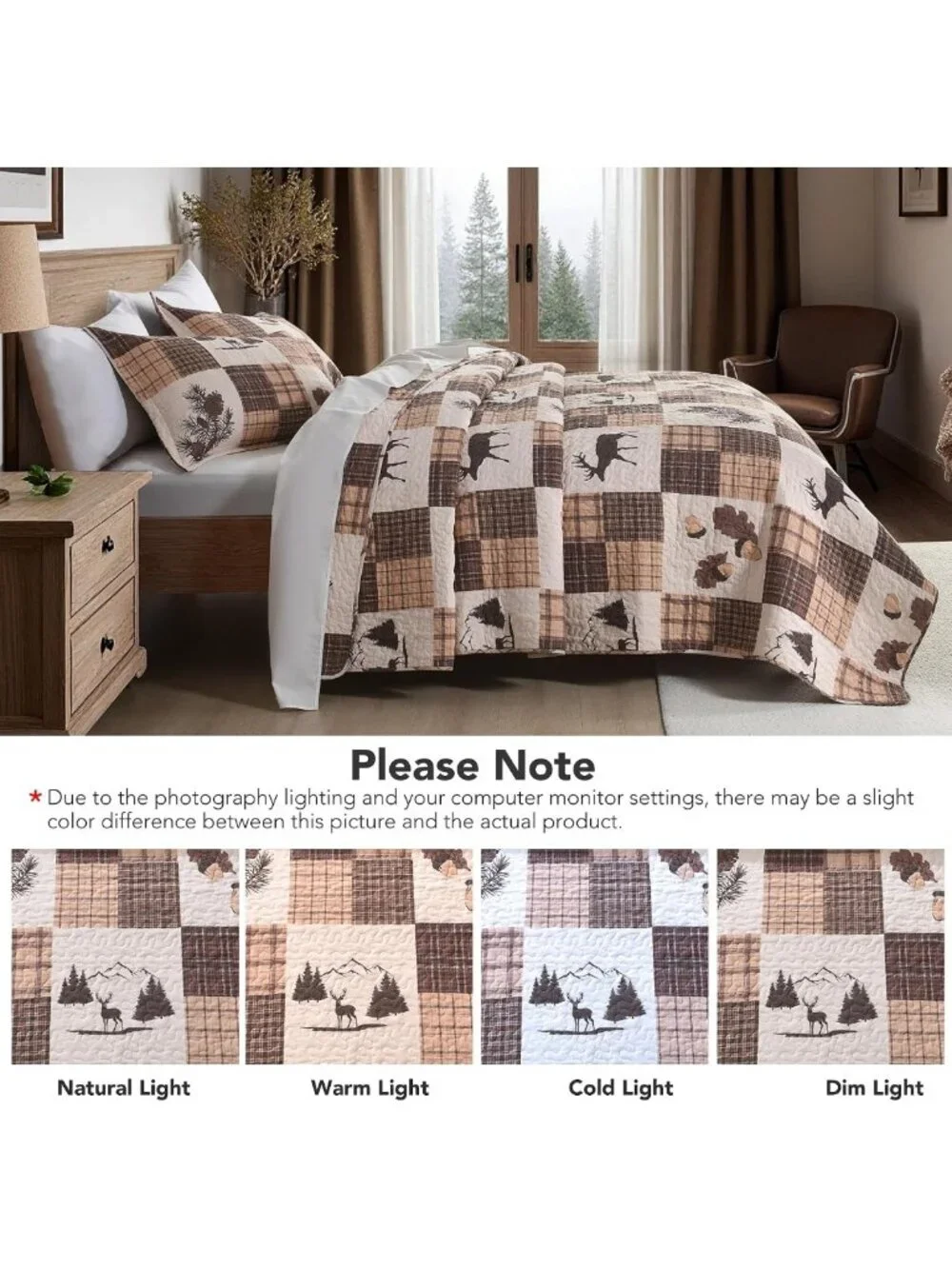 Lightweight 100% Cotton Queen Quilt Set - Deer & Plaid Design, 3 Pieces